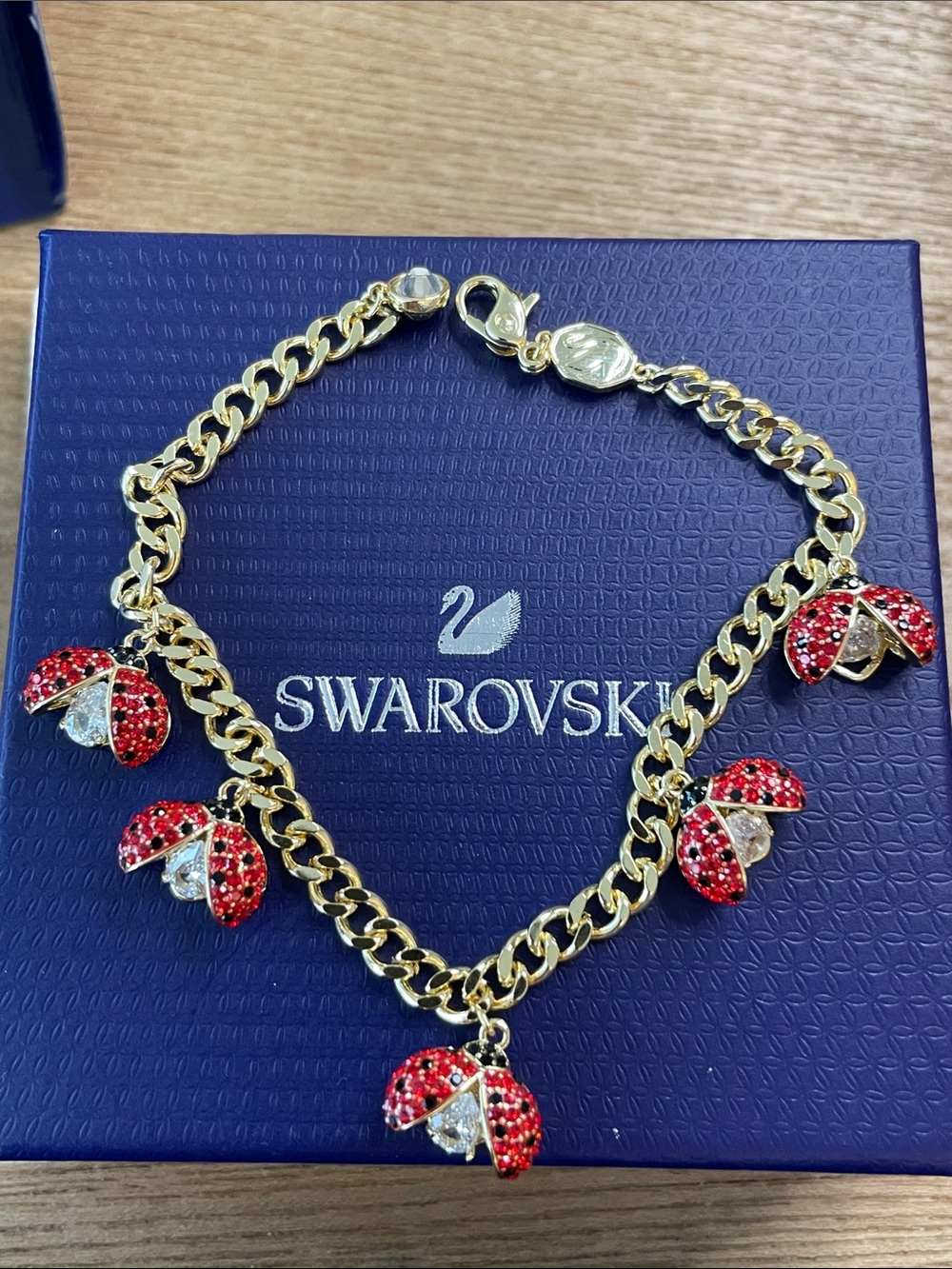 Swarovski Gold-Tone Chain Necklace with Red Crystal Ladybug Charms